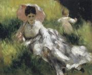 Woman with a Parasol and Small Child on a Sunlit Hillside renoir